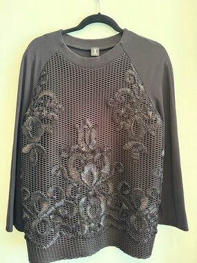 Black Floral Mesh Knit Pullover Sweatshirt